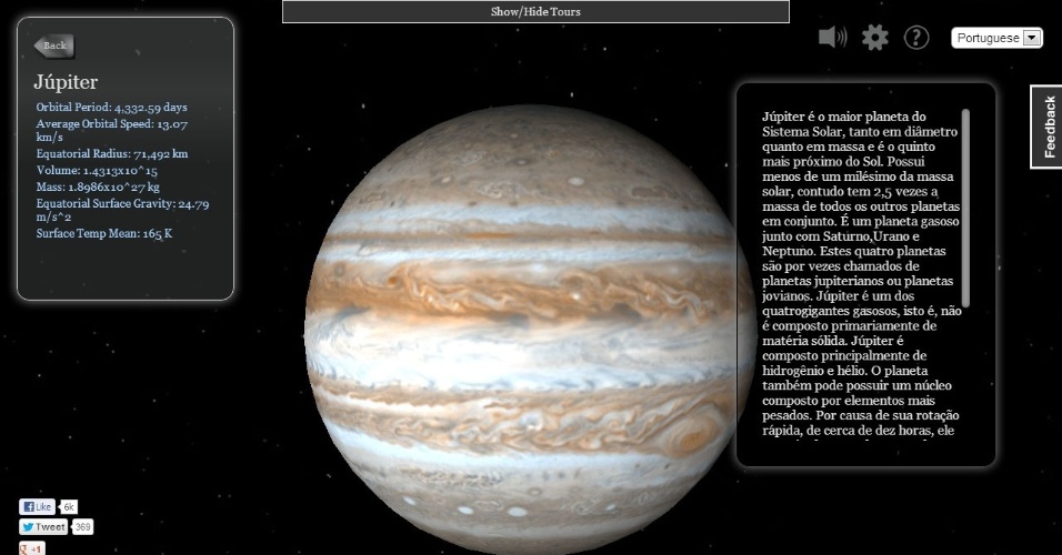 No aplicativo (http://solarsystem.project-metis.com/), o sistema solar pode ser visto em 3D. Mais informações sobre cada planeta também são obtidas ao clicar em cima dos nomes na barra à esquerda. - Reprodução