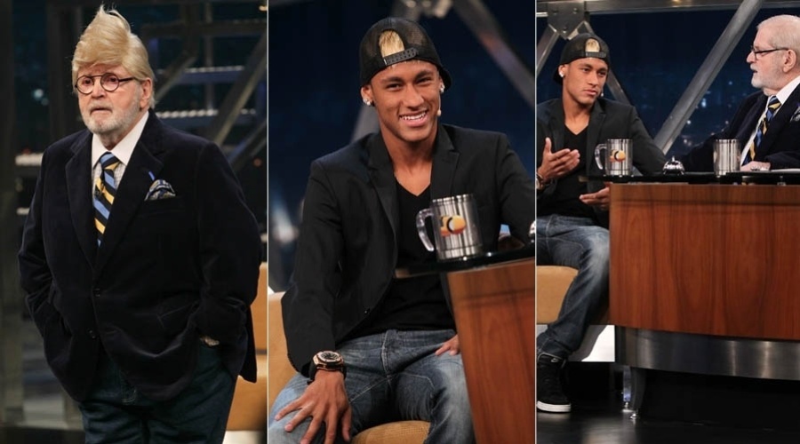 4.mar.2013 - Neymar participa da gravação do primeiro programa do ano do Jô em São Paulo. O apresentador  usou uma peruca para homenagear o jogador de futebol