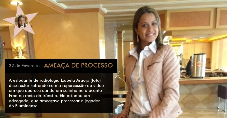 A estudante de radiologia Izabela Araújo (foto) disse estar sofrendo com a repercussão do vídeo em que aparece dando um selinho no atacante Fred no meio do trânsito. Ela acionou um advogado, que ameaçava processar o jogador do Fluminense - Assessoria Circuito Country