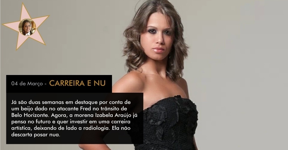 Já são duas semanas em destaque por conta de um beijo dado no atacante Fred no trânsito de Belo Horizonte. Agora, a morena Izabela Araújo já pensa no futuro e quer investir em uma carreira artística, deixando de lado a radiologia. Ela não descarta posar nua - Marcelo Lima