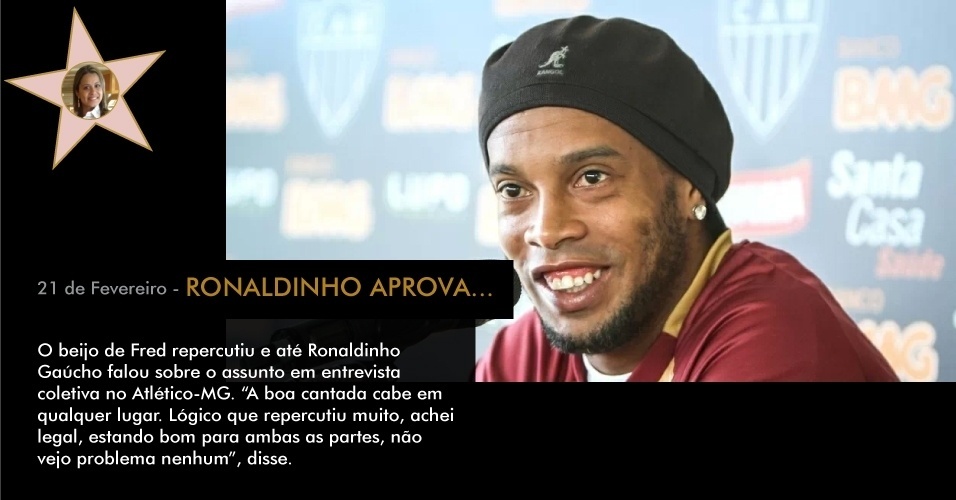 O beijo de Fred repercutiu e até Ronaldinho Gaúcho falou sobre o assunto em entrevista coletiva no Atlético-MG. "A boa cantada cabe em qualquer lugar. Lógico que repercutiu muito, achei legal, estando bom para ambas as partes, não vejo problema nenhum", disse - Bruno Cantini/site oficial do Atlético-MG