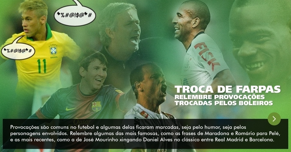 06.fev.2013-Provocações são comuns no futebol e algumas delas ficaram marcadas, seja pelo humor, seja pelos personagens envolvidos. Relembre algumas das mais famosas, como as frases de Maradona e Romário para Pelé, e as mais recentes, como a de José Mourinho xingando Daniel Alves no clássico entre Real Madrid e Barcelona. - Arte/UOL