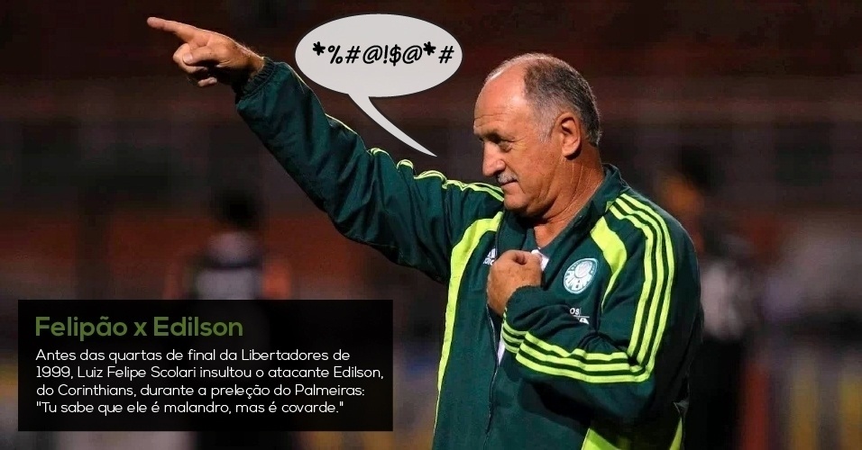 Felipão x Edilson - Antes das quartas de final da Libertadores de 1999, Luiz Felipe Scolari insultou o atacante Edilson, do Corinthians, durante a preleção do Palmeiras: "Tu sabe que ele é malandro, mas é covarde." - Nelson Almeida/UOL