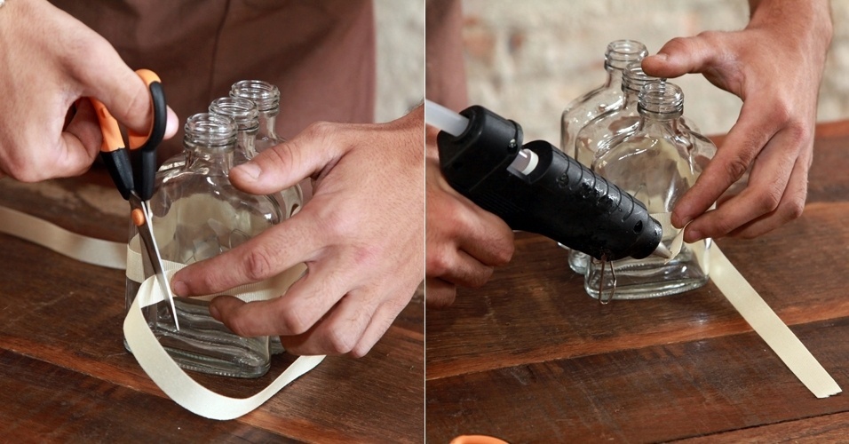 Passo a passo de arranjo com garrafas de uísque individuais e flores vermelhas (Imagens cedidas para o UOL Casa e Decoração em caráter exclusivo, usar apenas no respectivo material) - Andre Gruby/ Divulgação