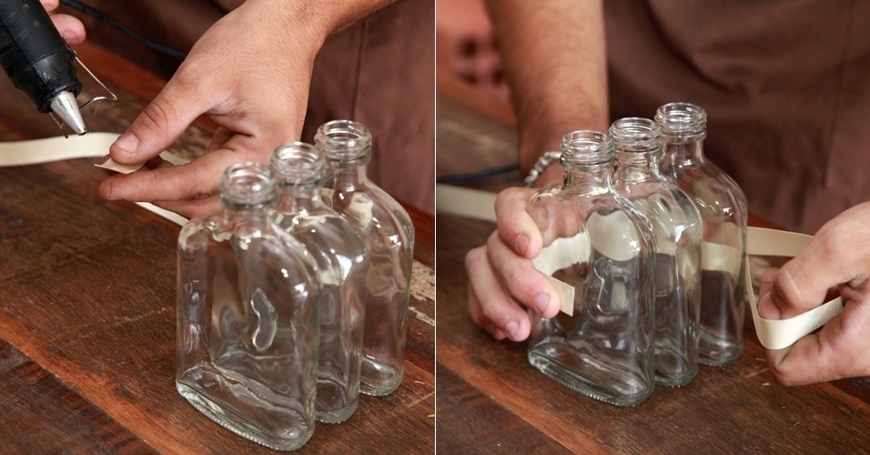 Passo a passo de arranjo com garrafas de uísque individuais e flores vermelhas (Imagens cedidas para o UOL Casa e Decoração em caráter exclusivo, usar apenas no respectivo material) - Andre Gruby/ Divulgação