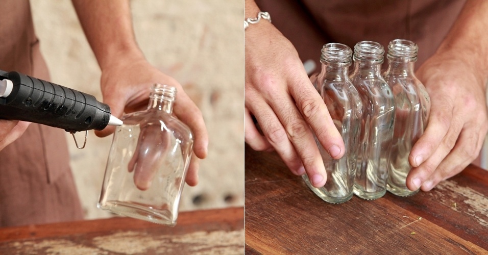 Passo a passo de arranjo com garrafas de uísque individuais e flores vermelhas (Imagens cedidas para o UOL Casa e Decoração em caráter exclusivo, usar apenas no respectivo material) - Andre Gruby/ Divulgação