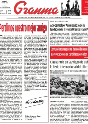 Primeira página do diário oficial de Cuba, o Granma, desta segunda-feira (11) - Reprodução/Granma