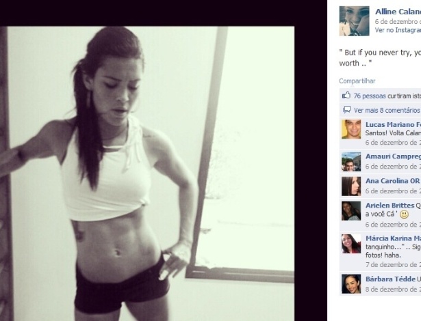 Calan após sessão de ginástica. Ela está terminando o curso de Jornalismo e quer se tornar apresentadora de TV - Reprodução Facebook