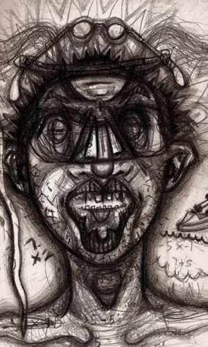 O artista americano Bryan Lewis Saunders relata em suas obras a quantidade de droga ingerida por ele, como nesse "auto-retrato sob efeito de droga (meio grama de cocaína)" - Divulgação