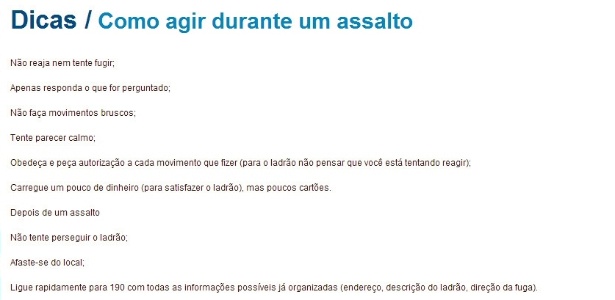 Site da Secretaria de Segurança da Bahia recomenda que cidadão carregue dinheiro para o ladrão - Reprodução