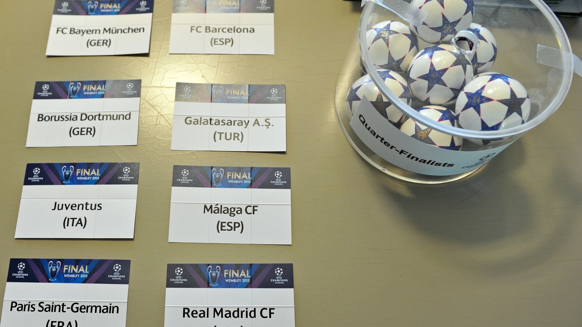 15.mar.2013 - Papéis e pote com o nome das equipes que terão os confrontos das quartas da Liga dos Campeões - Harold Cunningham/Getty Images