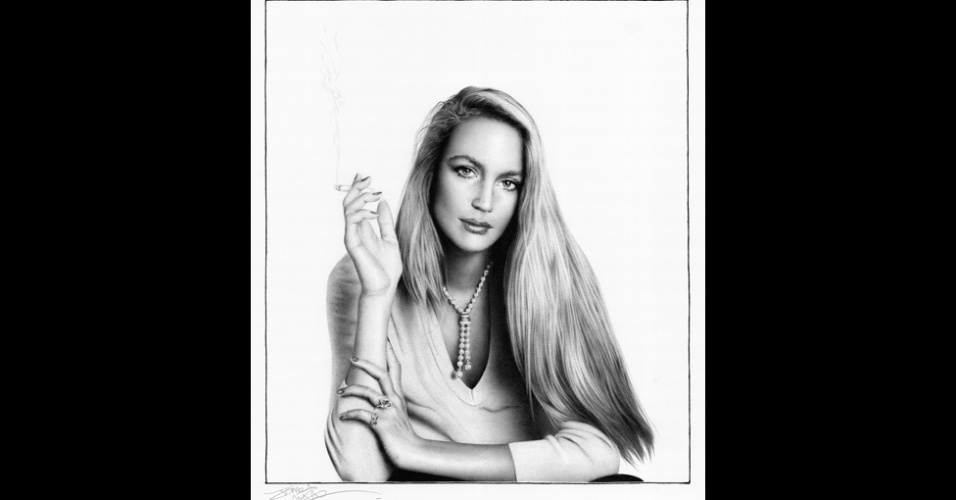 O jovem artista James Mylne, que usa canetas esferográficas em seu trabalho fotorrealístico, foi o responsável pela intervenção artística nesta foto de Jerry Hall (ex-mulher de Mick Jagger). A exposição Bill Wyman: Reworked está em cartaz na galeria Rook & Raven, em Londres, até 31 de março - James Mylne, Rook & Raven and Bill Wyman Archive - Bill Wyman/Ripple Productions Ltd