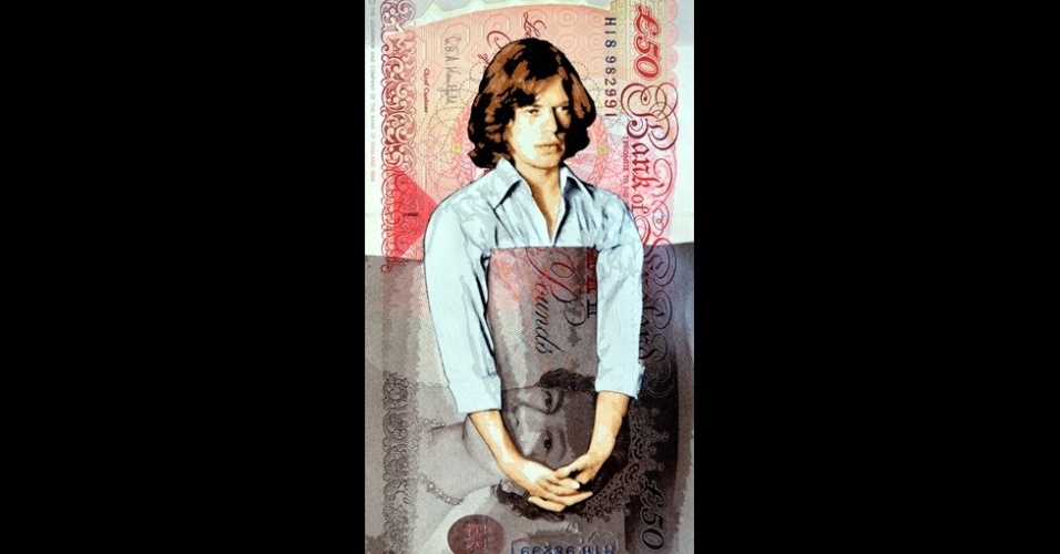 O trabalho fotográfico do ex-baixista dos Rolling Stones Bill Wyman acaba de ganhar uma nova roupagem artística, em uma exposição em uma galeria londrina. É o caso desta foto de Mick Jagger, modificada com uma nota da libra esterlina. - James Mylne, Rook & Raven and Bill Wyman Archive - Bill Wyman/Ripple Productions Ltd