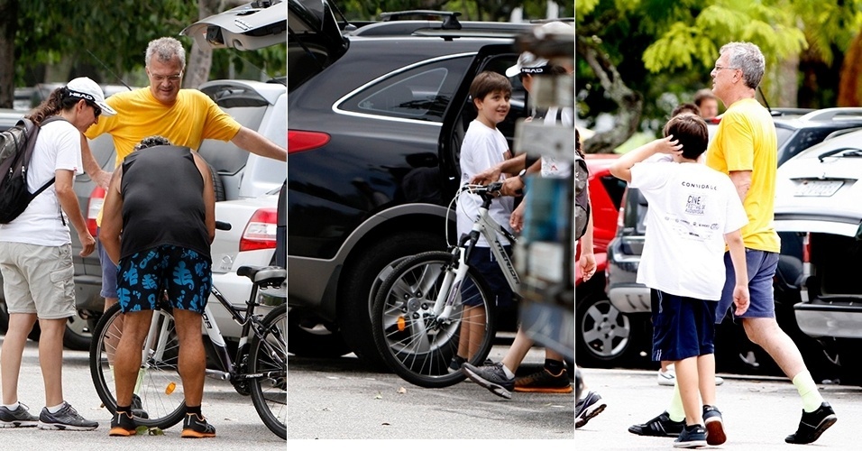 16.mar.2013 - Pedro Bial contrata profissional para ensianr o filho andar de bicicleta
