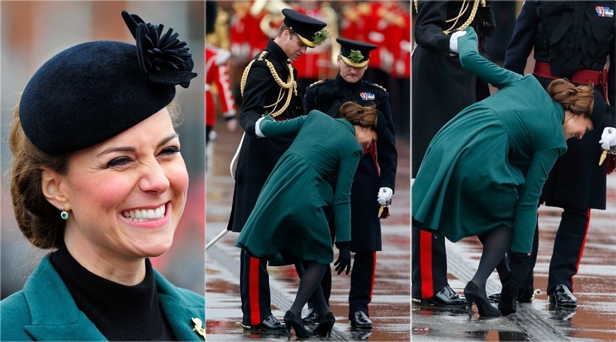 17.mar.2013 -  Kate Middleton fica presa pelo salto do sapato durante parada pelo Dia de São Patrício na Inglaterra