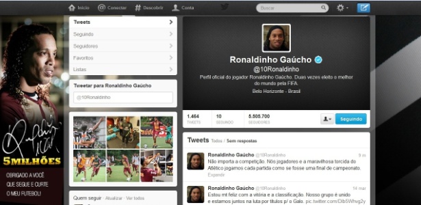 Ronaldinho Gaúcho usa o twitter para falar de sua motivação para jogo do Mineiro - Reprodução/Twitter