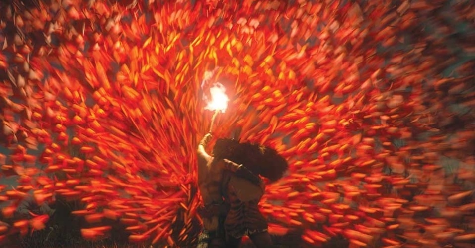 Cena da animação "Os Croods", de Chris Sanders. No filme, um homem das cavernas precisa enfrentar aventuras para achar um novo lar para a família. O longa conta com exibição em 3D e vozes de Emma Stone e Nicolas Cage - Divulgação / FOX