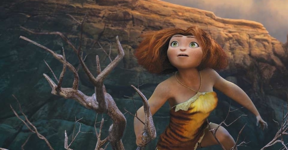 Cena da animação "Os Croods", de Chris Sanders. No filme, um homem das cavernas precisa enfrentar aventuras para achar um novo lar para a família. O longa conta com exibição em 3D e vozes de Emma Stone e Nicolas Cage - Divulgação / FOX