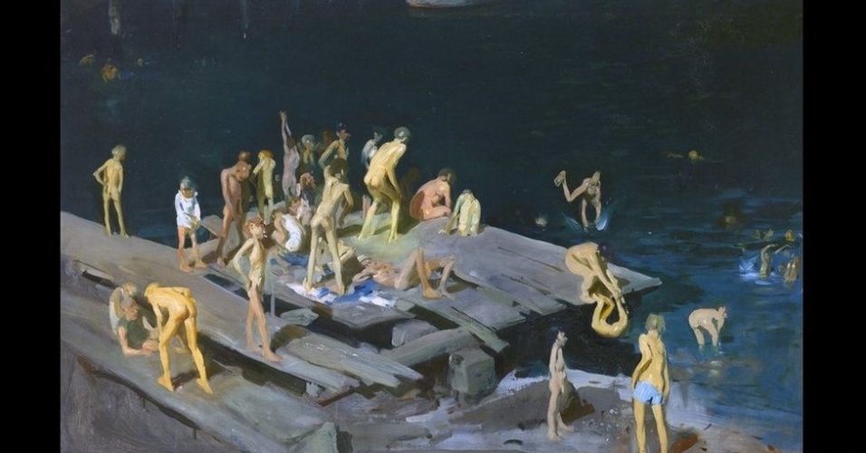 Além da brutalidade das lutas, o artista também tentou capturar as vidas dos pobres, como no quadro acima, '42 garotos', de 1907, que mostra filhos de imigrantes brincando em uma das docas decadentes do East River e nadando nas águas poluídas do rio - Cortesia: www.royalacademy.org.uk