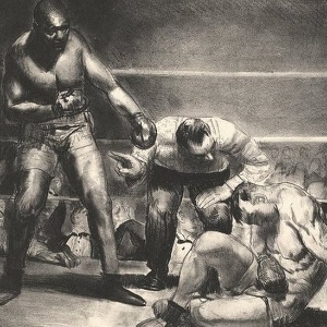 Mais tarde, o artista mostrou Jack Johnson, o primeiro campeão dos pesos-pesados negro dos Estados Unidos, em sua vitória contra James J. Jeffries, na obra "A Esperança Branca", de 1921. O detalhe com que Bellows mostra as expressões dos lutadores revela a humanidade, algo que não se notava nos primeiros trabalhos - Cortesia: www.royalacademy.org.uk