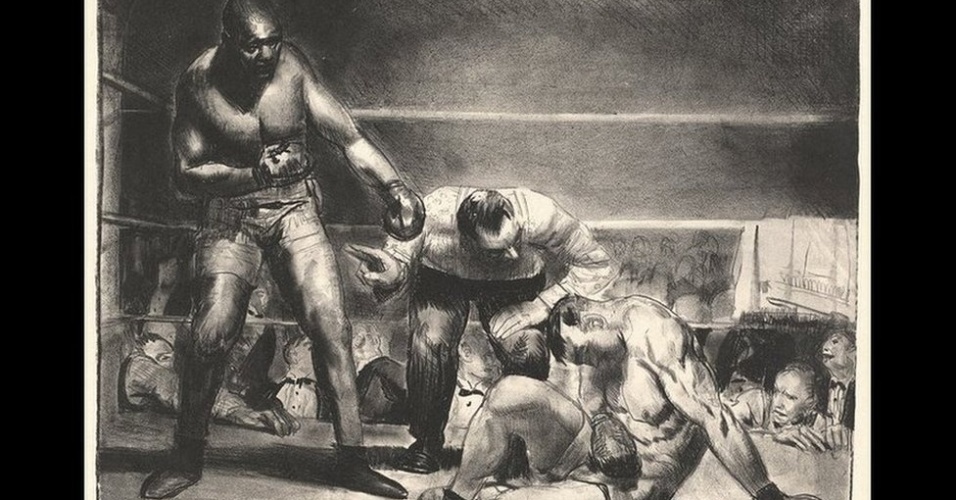 Mais tarde, o artista mostrou Jack Johnson, o primeiro campeão dos pesos-pesados negro dos Estados Unidos, em sua vitória contra James J. Jeffries, na obra "A Esperança Branca", de 1921. O detalhe com que Bellows mostra as expressões dos lutadores revela a humanidade, algo que não se notava nos primeiros trabalhos - Cortesia: www.royalacademy.org.uk