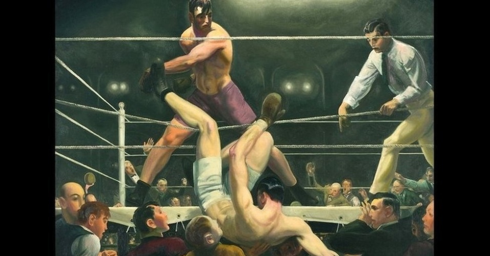 Na década de 20 o boxe já tinha se transformado em um grande negócio e Bellows, na época, usava muitas cores para mostrar a atmosfera nestas lutas comerciais. O quadro acima, 'Dempsey e Firpo', de 1924, mostra o momento em que o argentino Luis Angel Firpo joga o americano Jack Dempsey para fora do ringue. Dempsey voltou e vendeu no round seguinte - Cortesia: www.royalacademy.org.uk