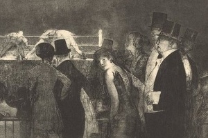 Litografia de 1916, inspirada na primeira grande luta no Madison Square Garden, de Nova York, que podia ser assistida por mulheres -