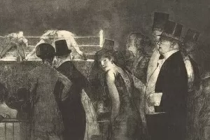 Litografia de 1916, inspirada na primeira grande luta no Madison Square Garden, de Nova York, que podia ser assistida por mulheres -