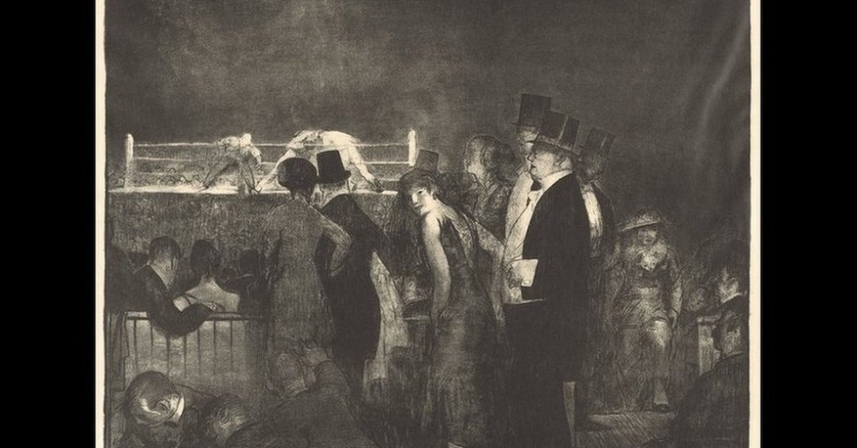 Um dos grandes pintores realistas do século 20, Bellows mostrava retratos da vida urbana, como a violência dos clubes 'particulares' de boxe de Nova York. Além das lutas clandestinas, Bellows também mostrou eventos mais oficiais. Como a litografia de 1916, acima, inspirada na primeira grande luta no Madison Square Garden, de Nova York, que pode ser assistida por mulheres - Cortesia: www.royalacademy.org.uk