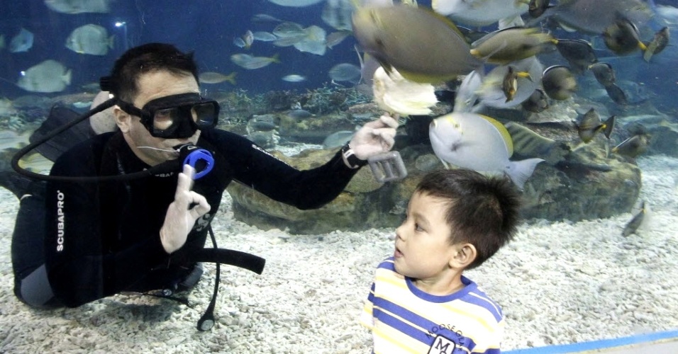 22.mar.2013 - Mergulhador acena para menino que o observa alimentando peixes dentro de aquário no Ocean Park, em Manila (Filipinas)