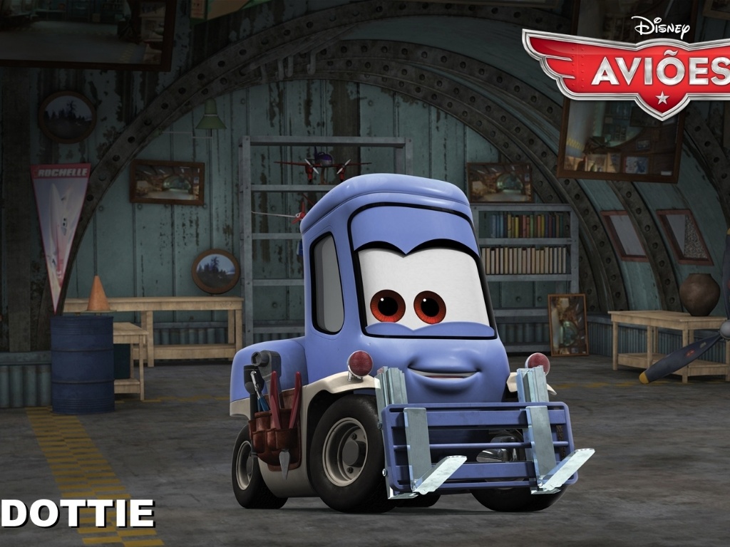 Dottie (voz de Teri Hatcher) é uma empilhadeira que é coproprietária e trabalha no posto Fill 'n Fly. Como a prática e sincera amiga de Dusty, Dottie espera manter as esperanças nas alturas de Dusty no campo da realidade. Derivado de "Carros", "Aviões" da Disney deve estrear no Brasil no dia 13 de setembro em cópias 3D. O filme, porém, não tem a participação da Pixar. - Divulgação / Disney
