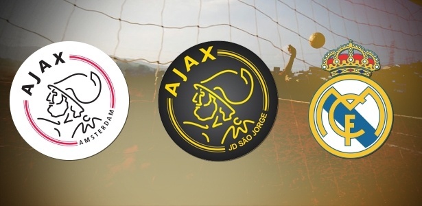 Escudos de Ajax, da Holanda, e do Real Madrid. No centro, Ajax do Jardim São Jorge
