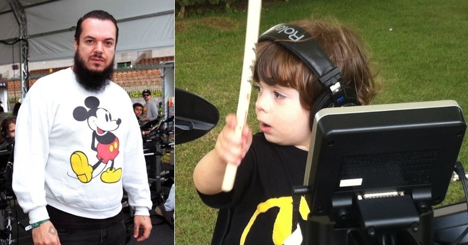 O baterista Iggor Cavalera, que deu oficina de bateria, no Lollapalooza Brasil 2013; ao lado, Pedro, de 2 anos, brinca com bateria eletrônica no Kidzpalooza - UOL