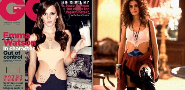 Emma Watson posou para a edição de maio da revista "GQ" vestindo um maiô parecido com o usado por Julia Roberts no filme "Uma Linda Mulher"