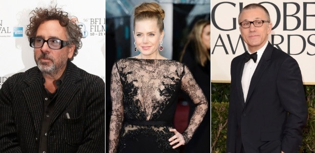 O diretor Tim Burton e os atores Amy Adams e Christoph Waltz - Montagem UOL