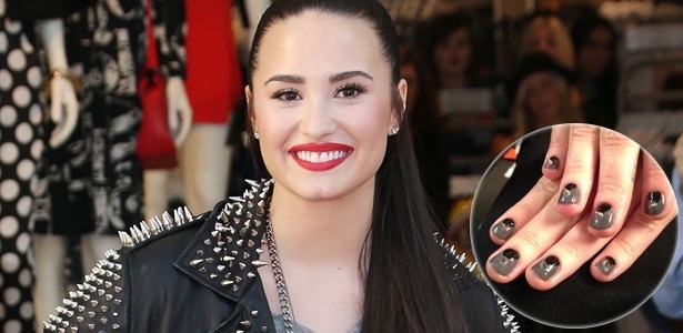 Adepta das tachinhas nas roupas, a cantora Demi Lovato levou os spikes para as unhas decoradas - Reprodução Twitter/Getty Images/MontagemUOL