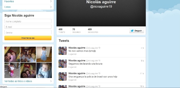 Nicolas Aguirre postou mensagem no microblog para criticar atuação da Polícia mineira - Reprodução/Twitter