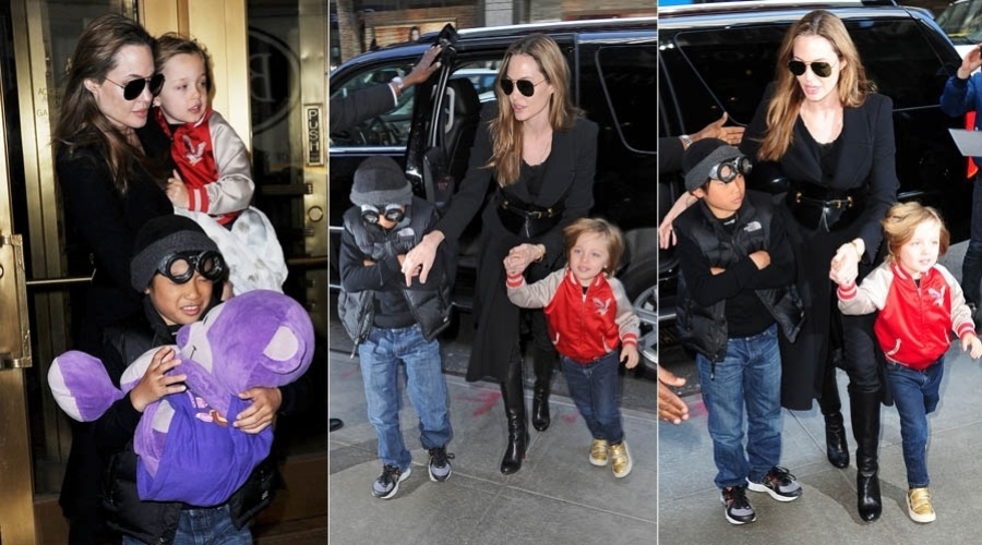 5.abr.2013 - Angelina Jolie leva filhos a loja de brinquedos em Nova York