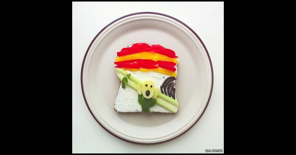 Artista e entusiasta da comida, a norueguesa Ida Frosk criou o projeto 'Art Toast', em que recria obras de arte de figuras como Munch usando torradas como tela - www.idafrosk.com