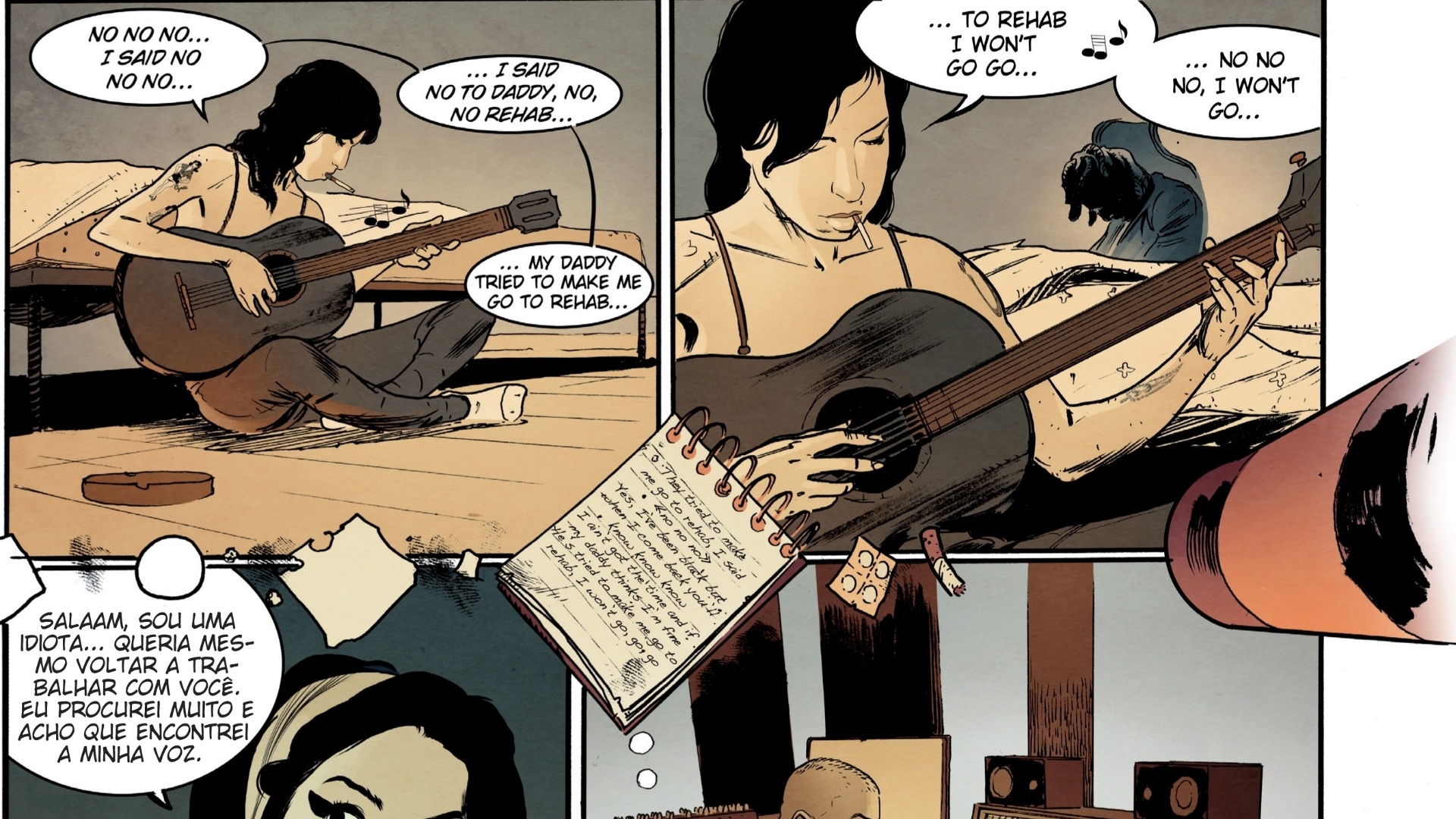 Página mostra o processo de criação de "Rehab", um dos maiores hits da cantora, lançado no álbum "Back To Black", produzido pelo DJ Mark Ronson, que também aparece no último quadrinho da imagem - Divulgação