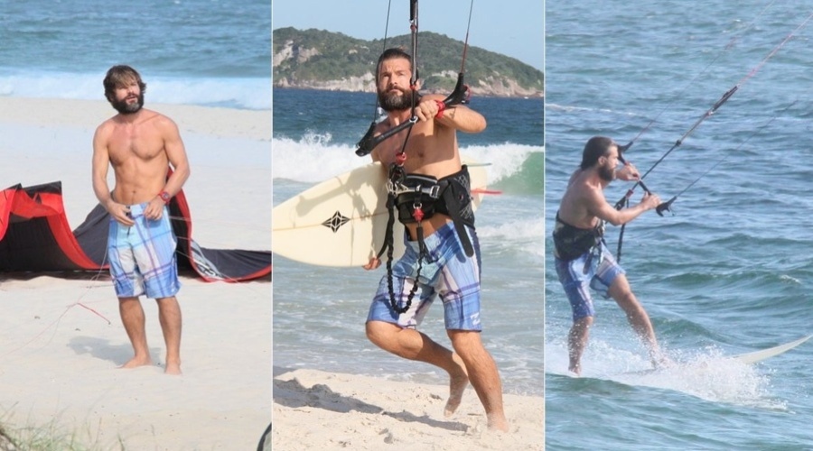 11.abr.2013 - Cláudio Heinrich praticou  kitesurf na praia da Barra da Tijuca, zona oeste do Rio. O ator exibiu o visual barbudo