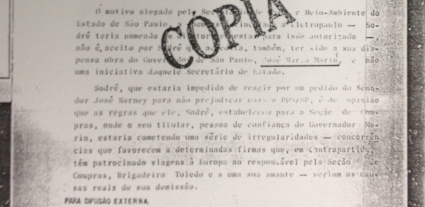 Ficha do SNI sobre acusação de Abreu Sodré contra José Maria Marin