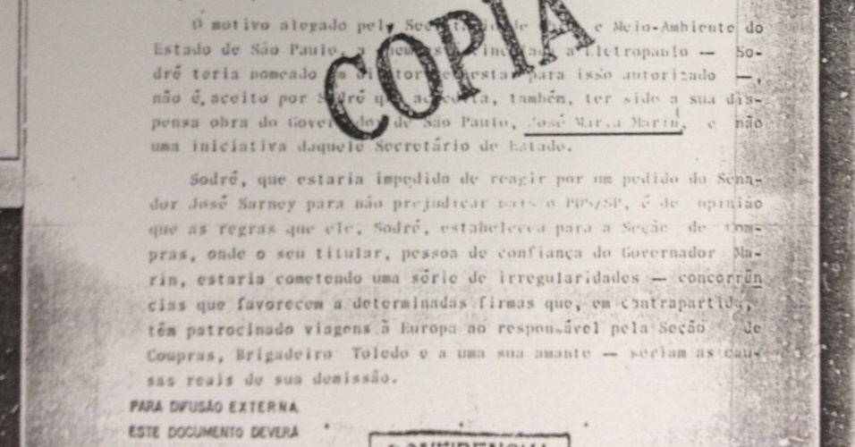 Ficha do SNI sobre acusação de Abreu Sodré contra José Maria Marin