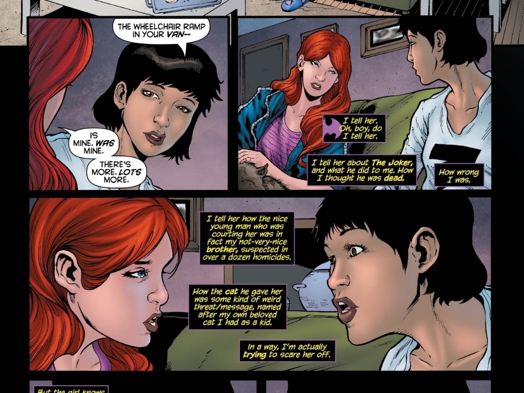 Cena de "Batgirl #19" mostra Alysia Yeoh (cabelo preto), amiga e roomate da heroína, contando para a Batgirl (cabelo vermelho) que é transexual - Reprodução/DC Comics