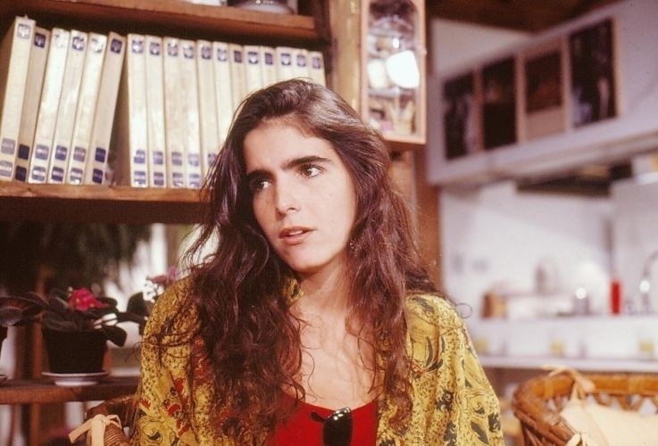 Malu Mader durante gravação de "Top Model", em que interpreta Duda, uma menina pobre que é descoberta e acaba virando uma top model (1989)