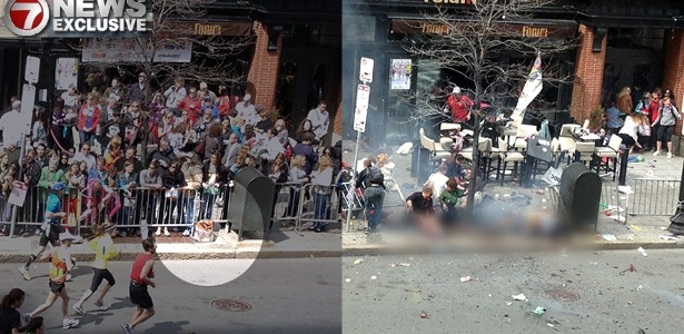 Pacote que supostamente conteria uma das bombas que explodiu durante a Maratona de Boston é flagrado em fotografia (à esq.); a outra imagem teria sido feita momentos após a explosão, a segunda dos atentados - Reprodução/7News