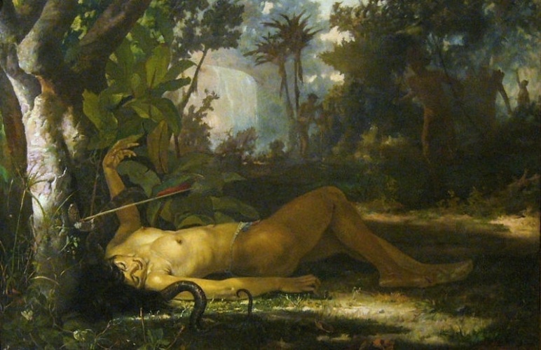 "A morte de Lindoia", de José Maria de Medeiros(1849-1925), retrata o episódio do poema épico "O Uraguai", de Basílio da Gama, em que o irmão da índia mata - tarde demais ? com uma flechada a serpente que ela usou para se suicidar.  Medeiros procura captar o espírito do autor que diz ser bela a morte em Lindoia. - Reprodução