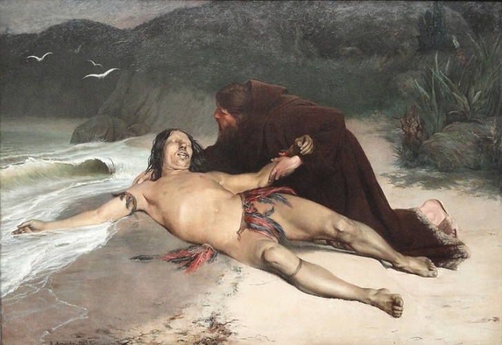 Entre 1554 e 1567, os índios do litoral do sudeste brasileiro se rebelaram contra os portugueses no episódio que ficou conhecido como Confederação dos Tamoios e deu origem ao poema homônimo de Gonçalves de Magalhães, no qual se inspirou o pintor Rodolfo Amoedo (1857-1941) para pintar este "O último tamoio", que retrata a morte do cacique Aimberê. - Reprodução