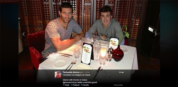 Fernando Alonso posta no Twitter foto jantando ao lado de Mark Webber - Reprodução/Twitter