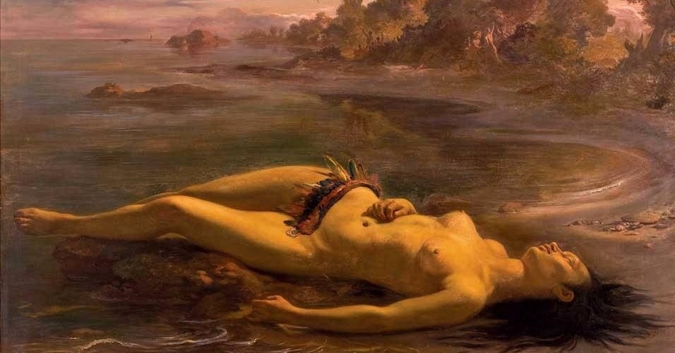 "Moema", de Victor Meirelles (1832-1903), é baseado no poema épico "Caramuru", de José de Santa Rita Durão. A índia, apaixonada por Diogo Álvares Correia, o Caramuru, ao vê-lo regressar à Europa, atira-se na água e nada atrás do navio até perder as forças e afogar-se. A maré deposita na praia seu corpo sem vida. - Reprodução